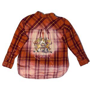 Queen British Rock Band Orange Plaid Shirt - XL Long Sleeve Button Up Bleached